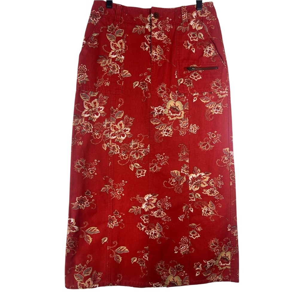 Vintage Eddie Bauer Floral Denim Maxi Skirt Cargo Picket Rust Red Utility 90s—-4